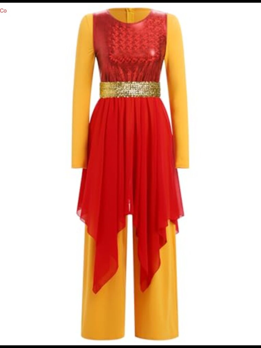 Metallic Sequin Asymmetric Praise Dance Dress with Jumpsuit Pants & Belt